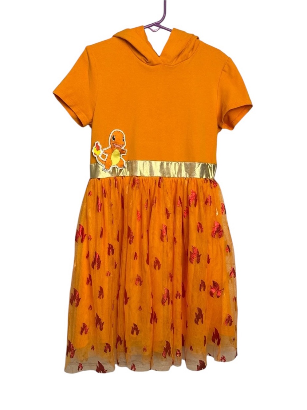 Pokemon kids medium Charmander layered tulle shimmer novelty dress belted